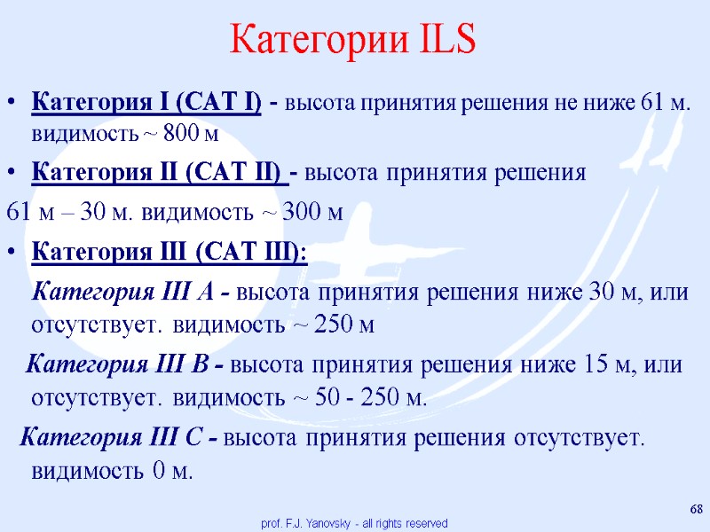 Категории ILS Категория I (CAT I) - высота принятия решения не ниже 61 м.
